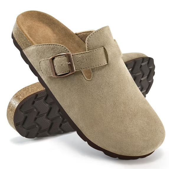 Ecetana Women's Suede Clogs & Mules Cork Footbed Slip On Leather Mules with Arch Support