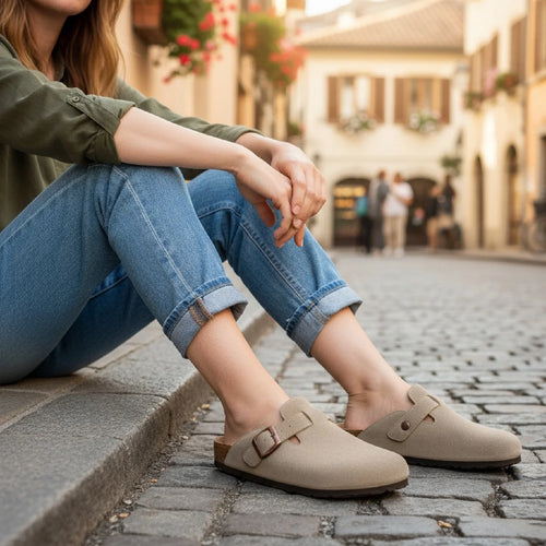 Ecetana Women's Suede Clogs & Mules Cork Footbed Slip On Leather Mules with Arch Support