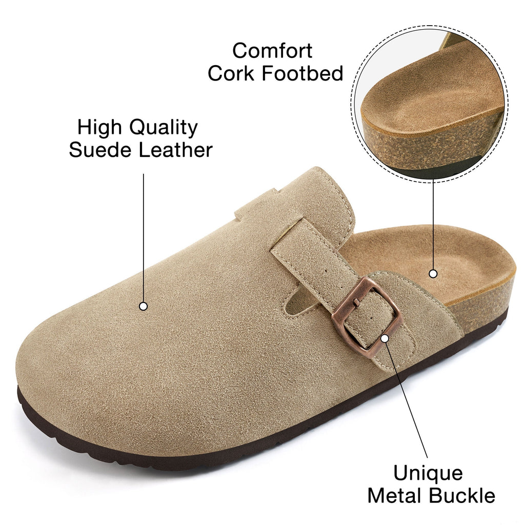 Ecetana Women's Suede Clogs & Mules Cork Footbed Slip On Leather Mules with Arch Support